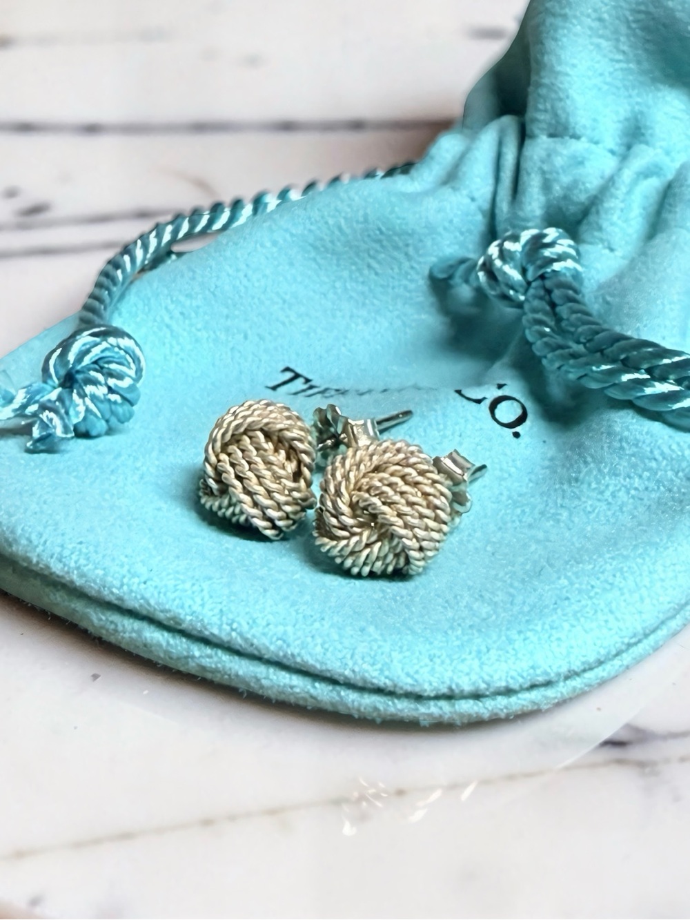 Authentic Tiffany & Co. Sterling Silver Twist Knot Stud Earrings w/Pouch